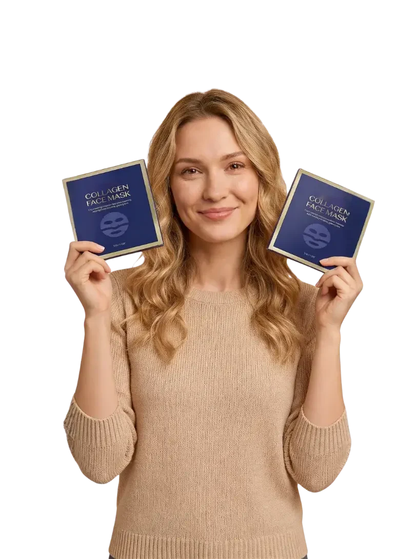 Woman holding two silkcolla collagen mask boxes
