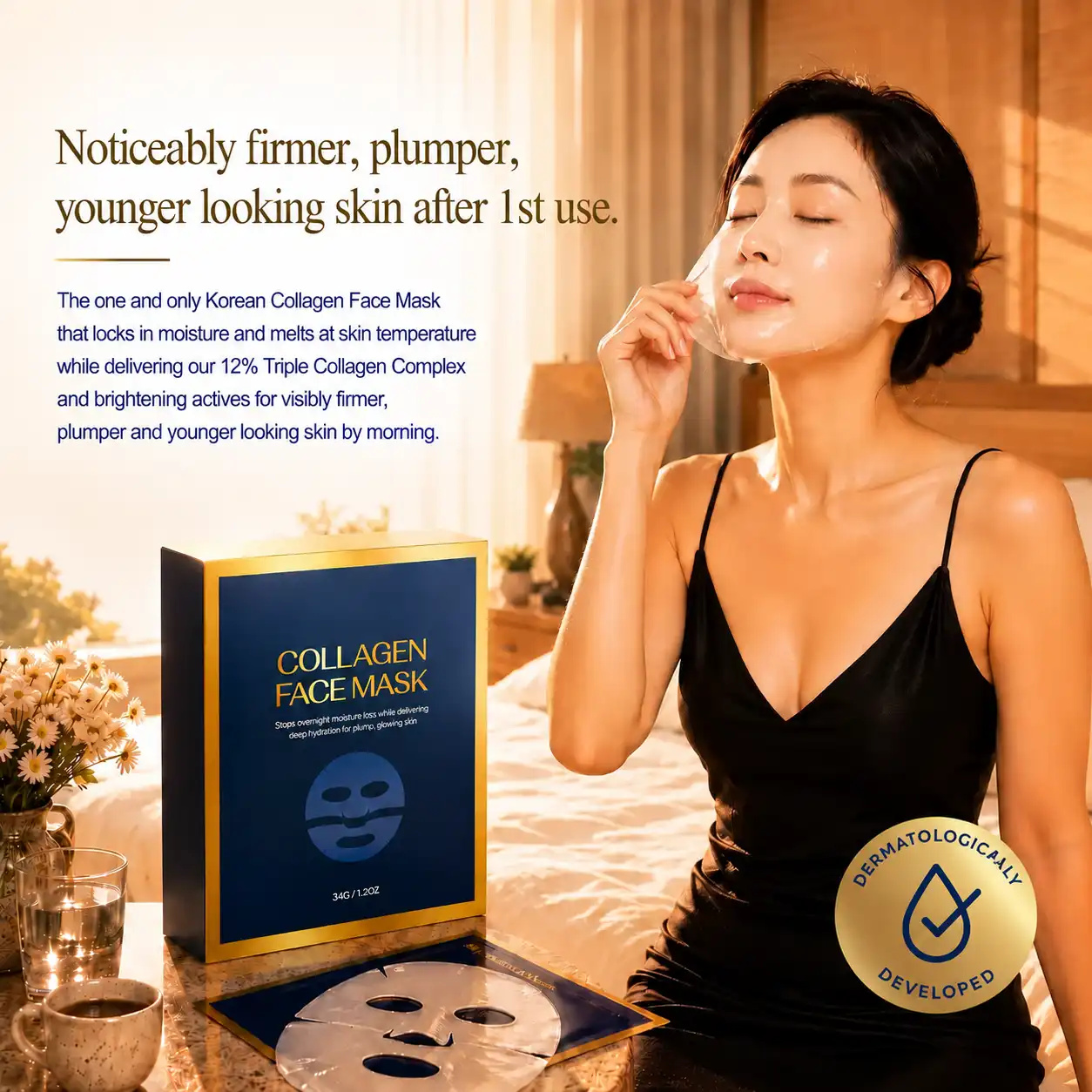 silkcolla Baby Collagen Face Mask box and woman applying the mask — noticeably firmer, plumper, younger-looking skin after first use